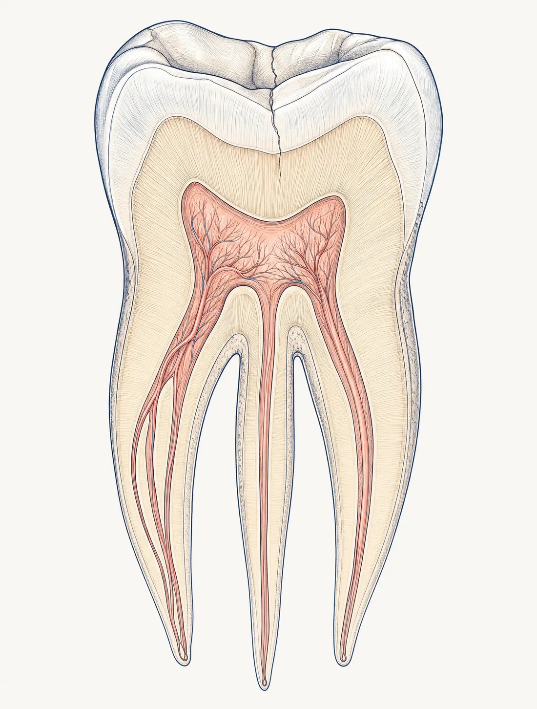 A hand-drawn cross-section of an upper molar, showing the pulp chamber, its root canals including a thin second canal in one root, and a hairline crack in the crown